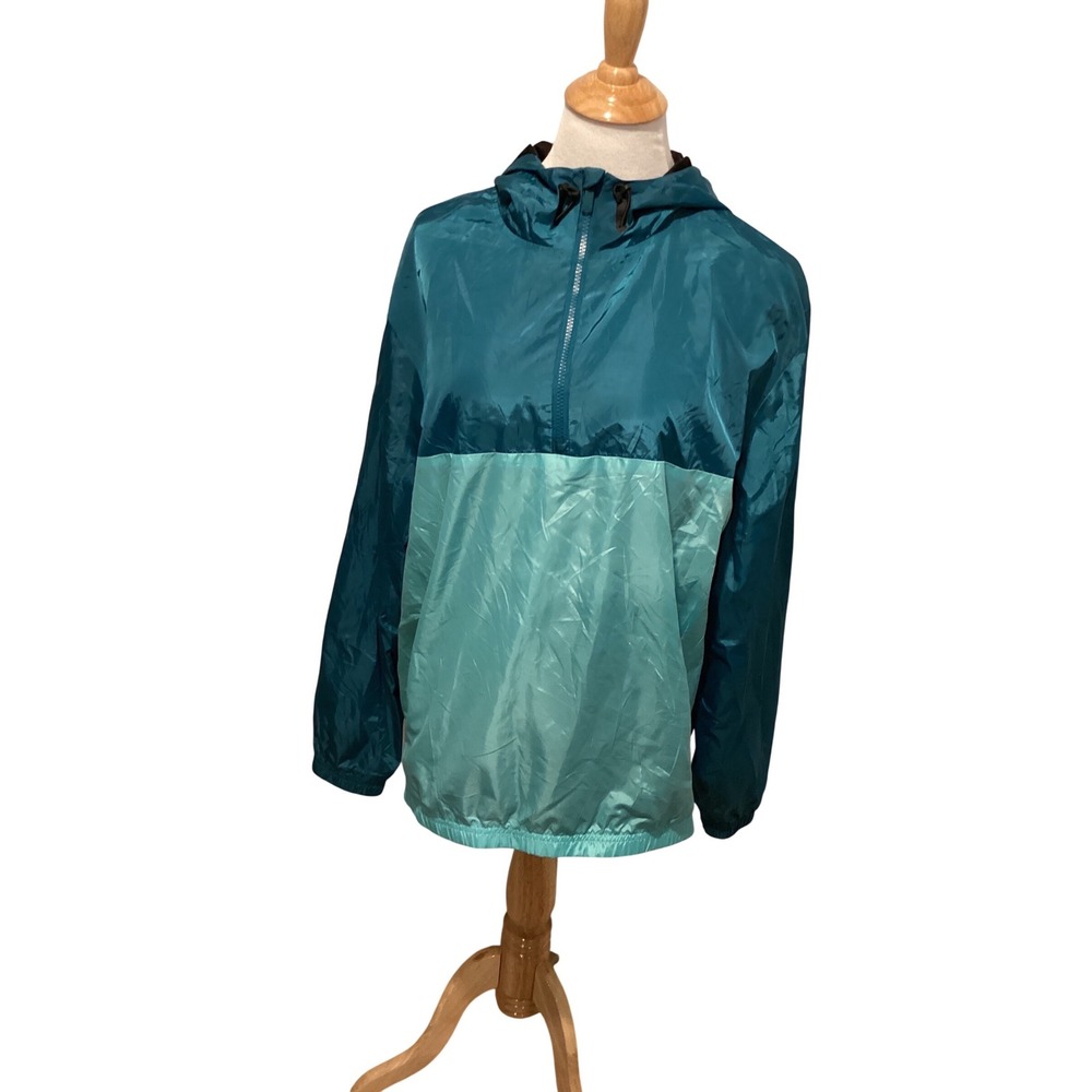 Tek‎ Gear Mens Teal Colorblock Quarter Zip Windbreaker Hooded Jacket Large